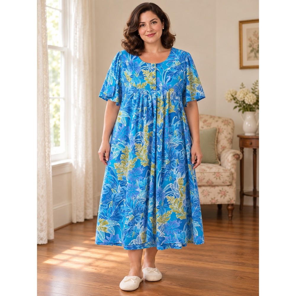 Boho Tropical Cotton Blue Green Floral Cotton Muumuu Pockets L House Dress Gown